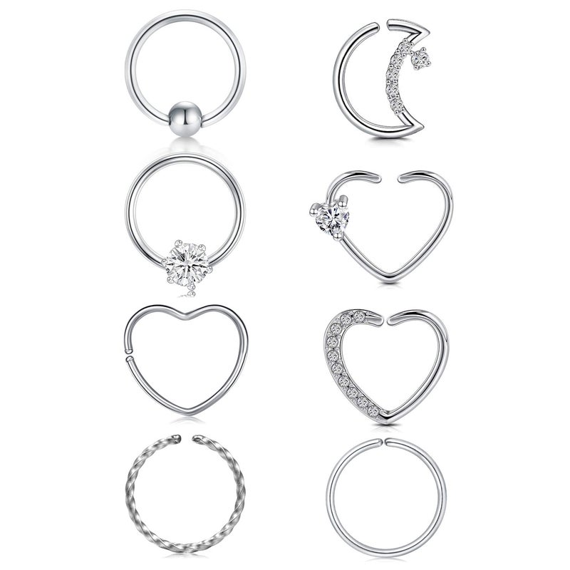 QWALIT 16g 20g Daith Earrings Hoop Surgical Steel Helix Tragus Cartilage Hoop Earring Heart Moon CZ Small Hoop Earring Fake Nose Rings Septum Piercing Jewelry Silver - Image 1